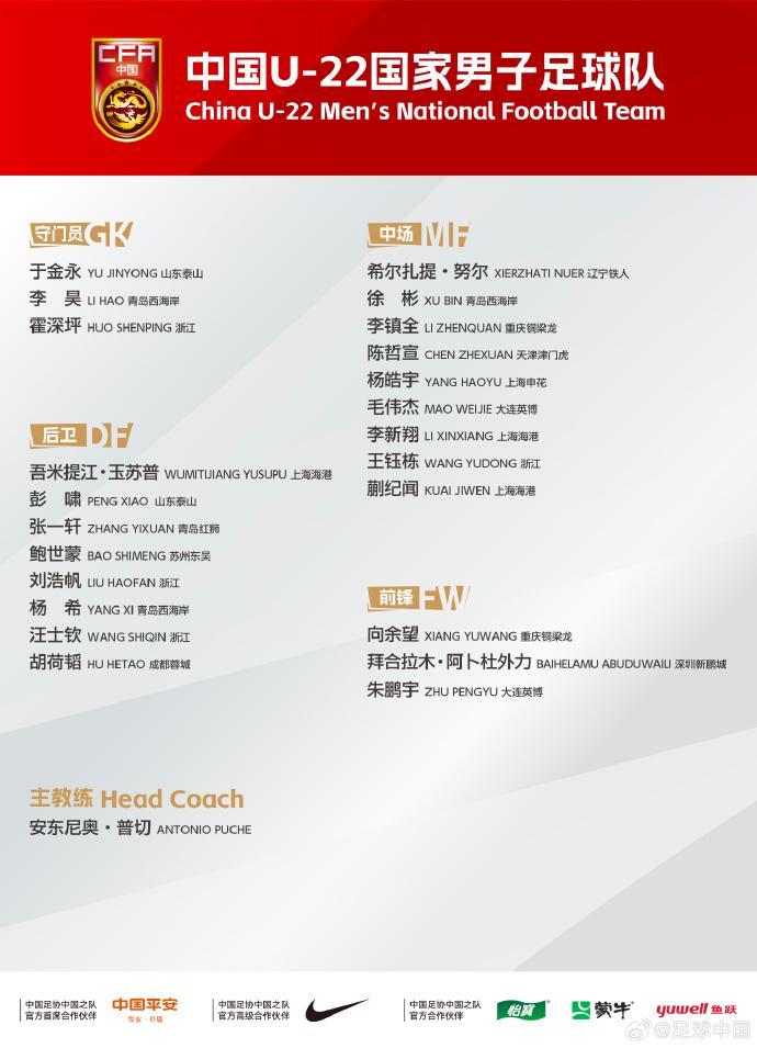 官方网站-U22国足更新U23亚洲杯预选赛名单，陈哲宣替换木塔力甫